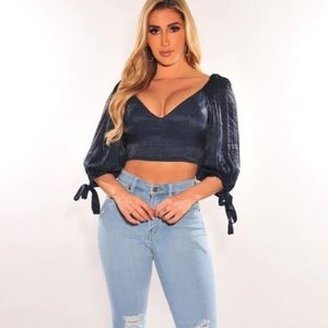 NAVY PADDED LONG SLEEVE CUT OUT TIE UP BACK BUSTIER CROP TOP